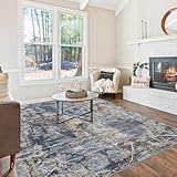 Hatppto 8x10 Area Rug, Modern Abstract Area Rug Machine Washable, Non Slip 8 x 10 Rugs for Living Room, Dining Room, Office Non Shedding Bedroom Carpet, Grey/Tan/Navy