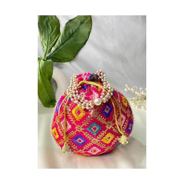 Trendy Crafts- Drawstring Closure Silk Potli | Hand embroidery Thread Work Wristlet for women | Silk Embroidered Women Bag| Handmade Bridal Batwa | Ethnic Potli Pouches for Return Gift - Image 8