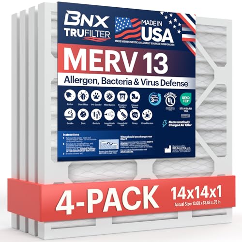 Image of BNX TruFilter 14x14x1 Air Filter MERV 13 (4-Pack) - MADE IN USA - Electrostatic Pleated Air Conditioner HVAC AC Furnace Filters for Allergies, Pollen, Mold, Bacteria, Smoke, Allergen, MPR 1900 FPR 10