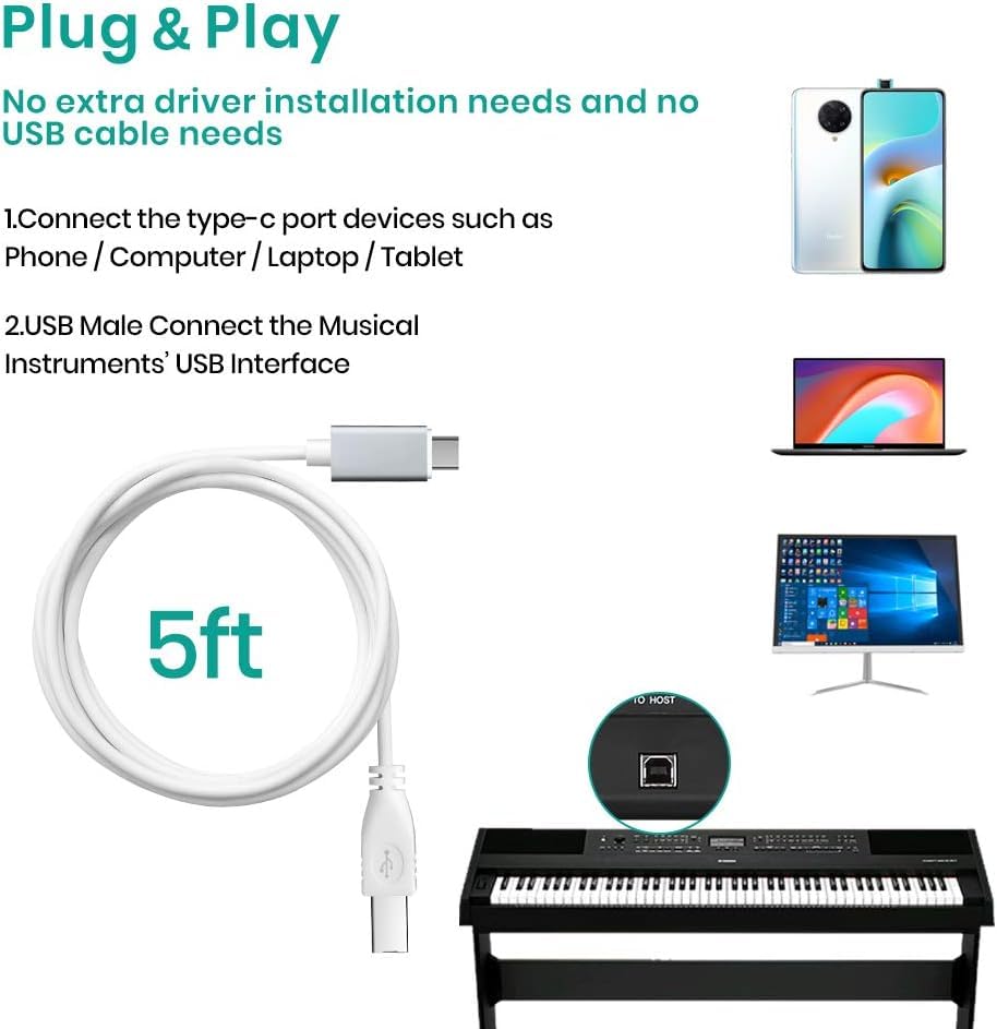 Image of MeloAudio USB C MIDI Cable, Type C to USB 2.0 MIDI Interface Cable for Samsung, Huawei Laptop, MacBook to Connect with Printer, Midi Controller, Keyboard, Audio Interface and More (5FT) (Pack of 2)