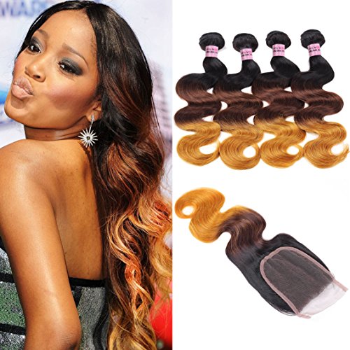 Ali Funmi Ombre Body Wave Bundles with Closure (14 16 18 20+12) 8A Unprocessed Brazilian Virgin Ombre Bundles with 4x4 Free Part Closure T1B/4/27 Color