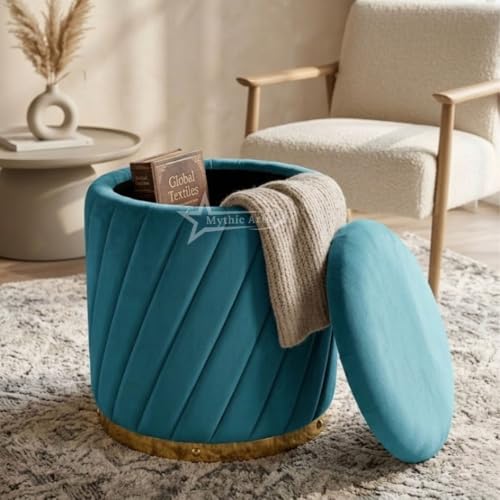 Image of Mythic ArtsRound Upholstered Sitting Stool & Footrest Velvet Storage Ottoman Pouffe13 X 13X 16 inch | Versatile Puffy for Living Room, Bedroom, and Office ? Chic Home Furnishings & Dcor Aqua