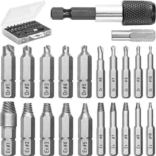 Mata1 - Juego de extractores de tornillos para tornillos pelados, rotos y dañados - 22 piezas, plateado - Kit de extracción con brocas, extractores, extensión de broca y adaptador de dado