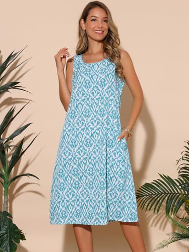 Image of Seta T Women's Summer Dresses Beach Casual Sleeveless Sundress Crewneck Print Loose Midi Tank Dress with Pockets