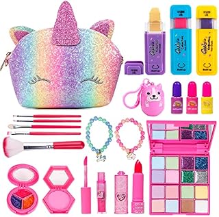 Kids Makeup Set for Girls, Washable Cosmetics Kit with Unicorn Makeup Bag, Hair Chalks, Makeup Palette, Birthday for Little Girl Princess