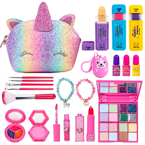 Meland Makeup Kit for Little Girls - Real Makeup Palette Set with Unicorn Purse,Hair Chalks,Lipstick/Blush/Brush - My First Purse Toy Gift for Princess Girls Toddlers Birthday Christmas(Unicorn Purse)