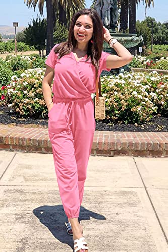 Prettygarden Women's Summer Casual Deep V Neck Short Sleeve Wrap Drawstring Waist Jumpsuit Romper (Rose Pink,Small) #TOP1