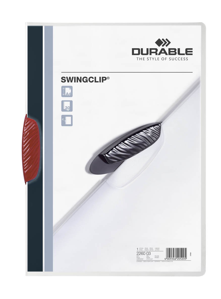 Durable 226003 Skoroszyt zaciskowy Swingclip, opak. 25 sztuk, kolor czerwony.