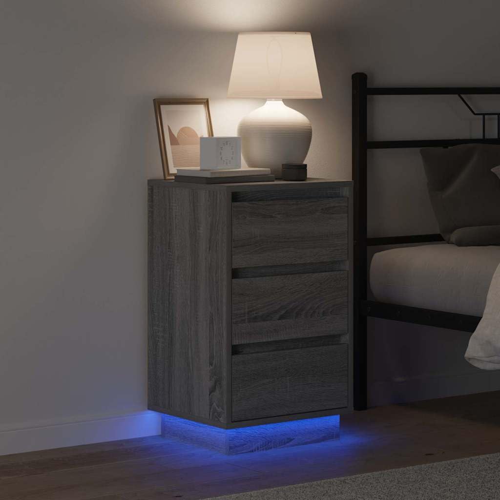 Moderner Nachttisch Grau aus Holzwerkstoff 39 x 34,5 x 65 cm mit 3 Schubladen, LED-Lichterketten, USB-Anschluss, Stauraum für Schlafzimmer, Nachtkonsole und Beistelltisch