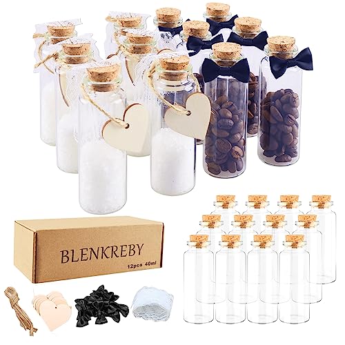 BLENKREBY Botella de Vidrio Mini, 12pcs 40ml Botellas de Cristal, Mini Botes Cristal Pequeños, Kit Botella Vidrio...