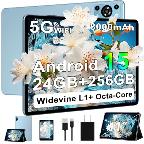 Image of 11 Inch Tablet, 2026 Android 15 Tablets with Octa Core, 24GB+256GB, 13+5MP Camera, Electronics Tablets with Widevine L1, 8000mAh Battery, 5G WiFi, GPS, HD IPS Display, 1TB Expand, BT 5.0 -Metal Blue