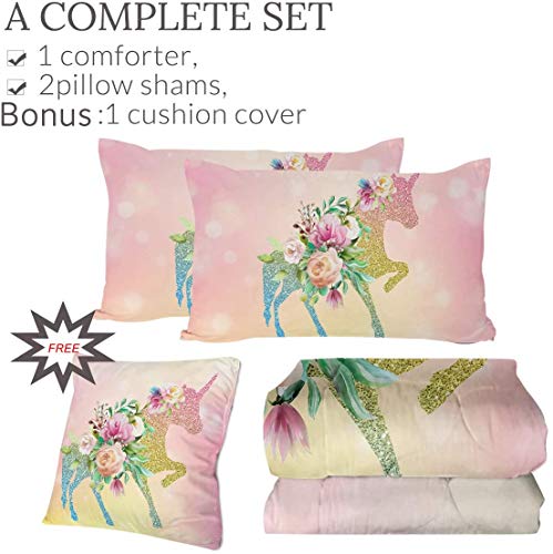 Sleepwish Unicorn Full Size Bedding Sets With Comforter Kids Unicorn Comforter Set For Girls 3D Glitter Unicorn Rose Bed Set Full 4 Pieces Bedspreads With 2 Pillow Shams 1 Cushion Cover For Teen #TOP2