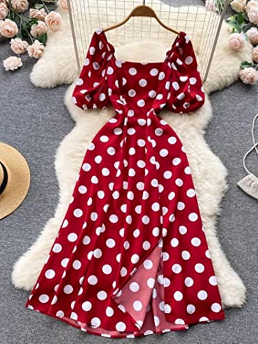 Ecoodisk French Vintage Big Polka Dot Long Maxi Femmes Habiller Nouvelle Arrivée Elegant Puff Sleeve Split Big Hem Summer Robe-Red,One Size Cover