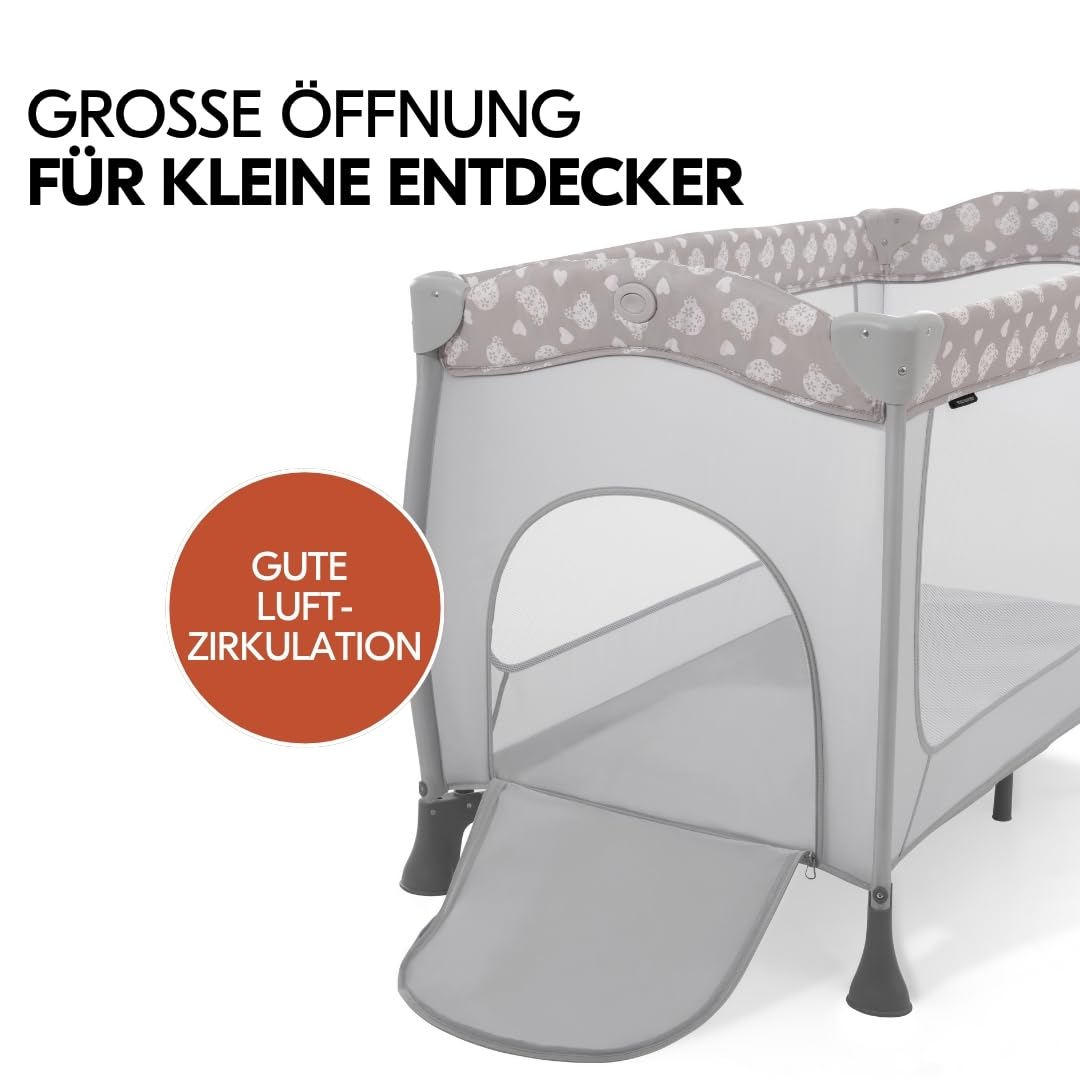 hauck Sleep n Play Center Baby Reisebett Set - Teddy Grey | inkl. Matratze & Insektenschutz | Kinderreisebett mit Neugeboreneneinhang, Wickelauflage & Tasche