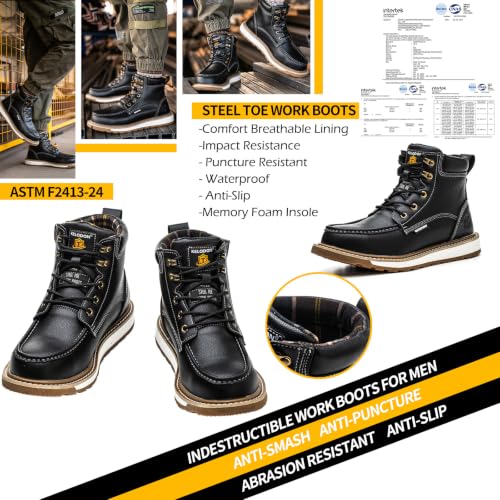Image of KELODON Waterproof Steel Toe Boots For Men-6 inch Leather Moc Toe Work Boots Mens Steel Toe Shoes Indestructible Non Slip Resistant Construction Safety Boot