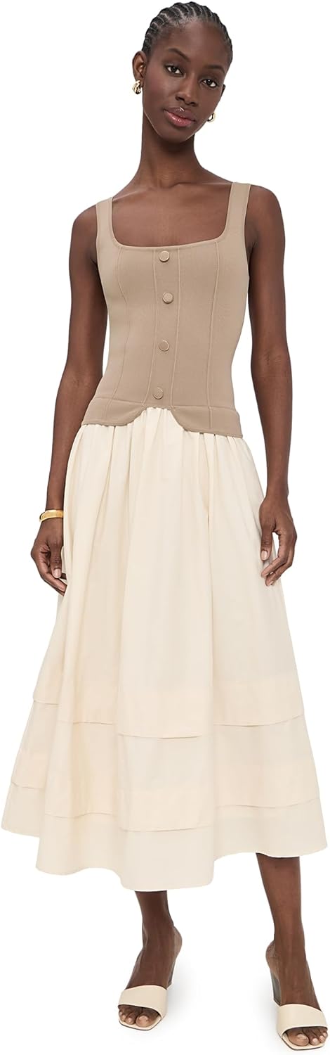MOON RIVER Women's Square Neckline Top Mixed Media Midi Dress