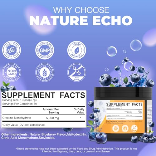 Image of Creatine Monohydrate Powder - Blueberry - 30 Servings | 5g of Creatine Monohydrate - Supports Muscle, ATP Production, Energy, Strength - Vegan, Gluten Free