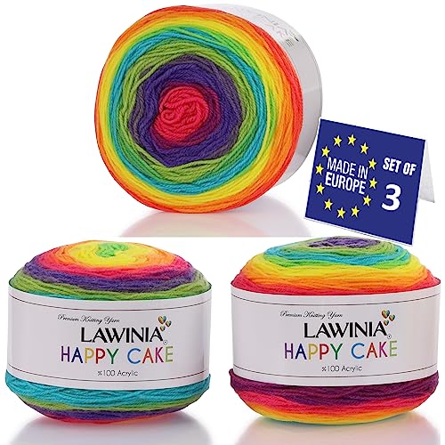 LAWINIA - Happy Cake Premium Mandala Yarn Cake Rainbow Wool DK, 100% Acrylic Pack of 3 Each 150g -530m, Oeko-TEX Certified, DK Knitting Yarn, Rainbow Yarn for Knitting, Ombre Yarn, Multicoloured Wool