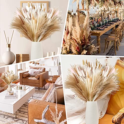 Happyhapi Pampas Grass Decor 130 Pcs Boho Home Decor Dried Flowers, 17 Inch Natural Dried Pampas Grass Bouquet For Office Decor, Wedding Decor, Farmhouse Decor, Festival Decor #TOP6