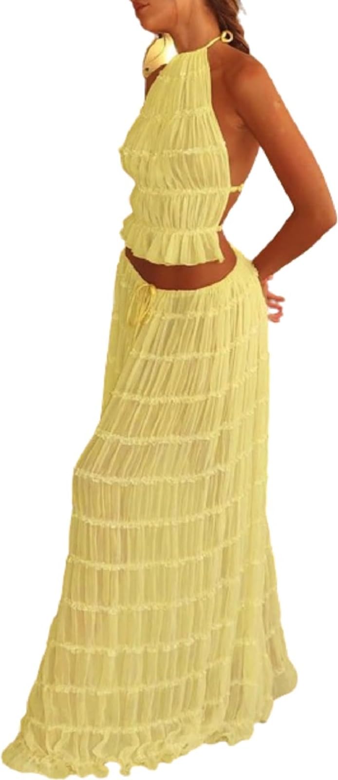 Women Two Piece Maxi Skirt Set Y2k Sleeveless Crop Cami Top Ruffle Tiered Flowy Long Skirt Vacation Beach
