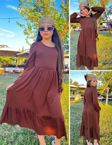 Image of Arshiner Girls Maxi Dresses Lantern Long Sleeve Casual Holiday Dress with Pockets for 5-14 Y