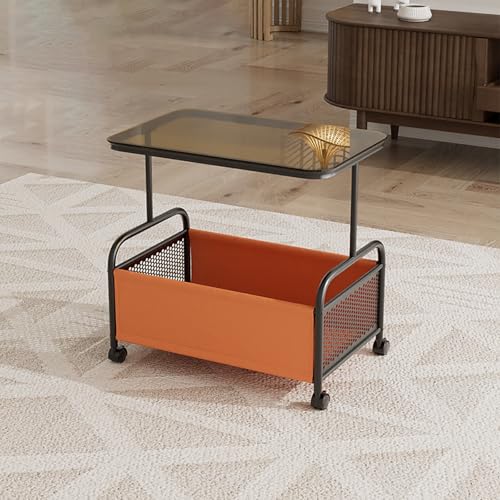 QTQHOME Mesa auxiliar con ruedas, mesas auxiliares de sofá con cesta de almacenamiento, mesa moderna para laptop, aperitivos, sala de estar (21.7 x 14.5 x 21.5 pulgadas, marrón + negro)