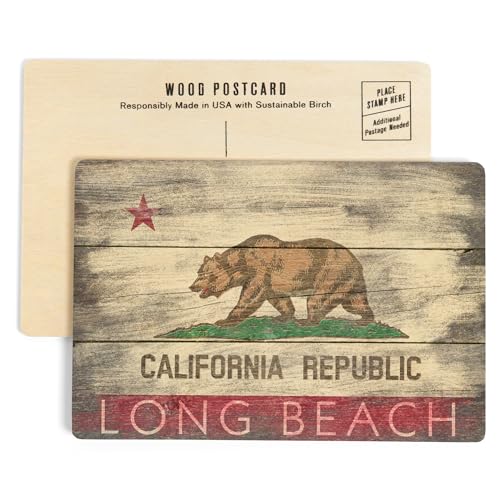 Long Beach, California, Rustic California State Flag (4x6 Birch Wood Postcards, 2-Pack Stationary, Rustic Home Wall Decor)