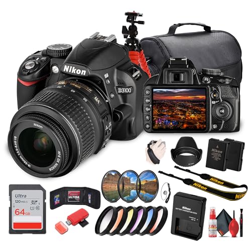 Nikon D3100 DSLR Camera Kit with 18-55mm VR Lens – Beginner-Friendly & Compact (25472) + Camera Bag + 64GB Memory Card + Flexible Tripod + Cleaning Kit + Hand Strap + Card Wallet + More