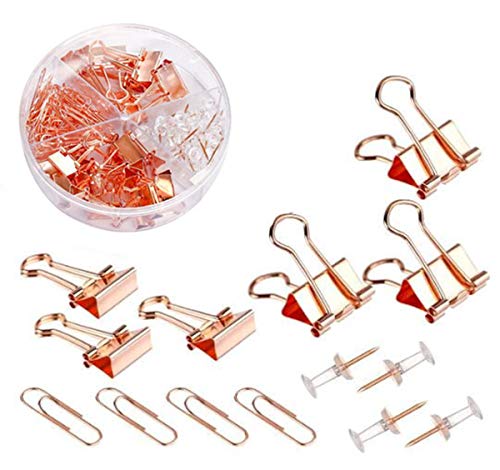 72PCS Paper Clips Binder Clips Push Pins Sets with Acrylic Box for Office Supplies, School Accessories and Home Supplies (Rose Gold)