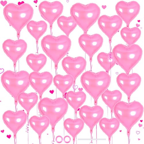 Image of 30 Pcs Pink Heart Balloons, 3 Sizes Heart Foil Mylar Balloon, Valentine Day Party Decorations, Love Balloon Valentine Balloons for Birthday Party Wedding Baby Shower Valentine Day Decorations