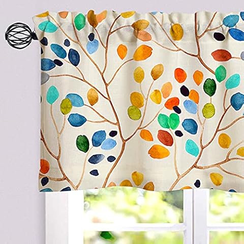 DUISE Linen Valances for Windows, Colorful Leaf Print Kitchen Valances for Small Windows, W52'' X L18'', One Panel, Pocket Top, Colourful Cover