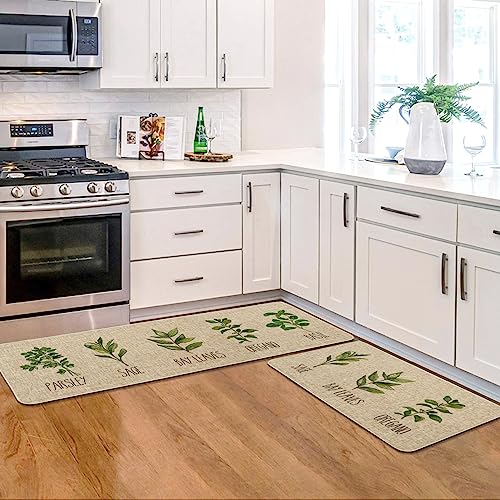 Artoid Mode Parsley Sage Oregano Basil Bay Leaves Decorative Kitchen Mats Set Of 2, Seasonal Holiday Party Low-Profile Floor Mat For Home Kitchen - 17X29 And 17X47 Inch #TOP4