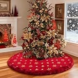 tiosggd Red Gold Christmas Tree Skirt, 36 Inch Furry Red Faux Fur Tree Rug with Sequin Snowflake for Artificial Tree 5-6 Ft, Fluffy Xmas Winter Holiday Home Decorations Ornaments