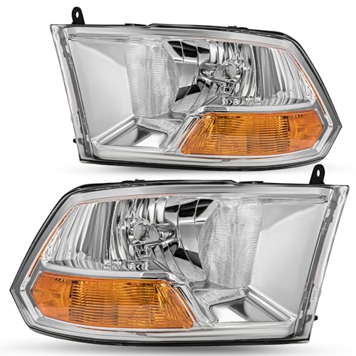 JSBOYAT Headlight Assembly Dual Beam Model Replacement for 2009-2012 Dodge Ram 1500 2500 3500 Replacement Chrome Housing Amber Reflector
