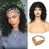 QUEENTAS 16' Braided Headband Wig for Black Women Bob Dreads Wigs Dreadlock Afro Curly Synthetic Faux Locs Braids Crochet Hair Shoulder Length Headband Wigs(Natural Black)