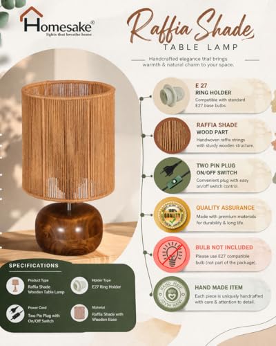 Image of Homesake Natural Weave Rope Table Lamp | Handcrafted Boho Bedside Light with Wooden Base | Warm Ambient for Night Lamp, Bedroom, Living Room, Study, Kids Room, Livra Home Decor, Ovolo (Beige, STR)