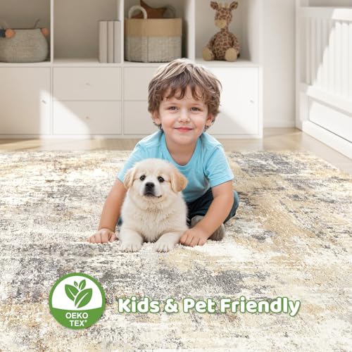 5x8 Area Rug Living Room: Machine Washable Large Abstract Modern Soft Rugs Stain Resistant Indoor Floor Non Slip Accent Carpet for Bedroom Nursery Playroom Office Dining Room Dorm Home- Gray Gold