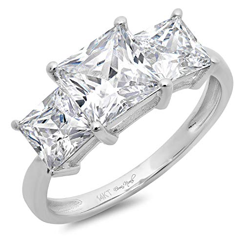 Clara Pucci 3.2 Ct Three Stone Princess Cut Solitaire Bridal Anniversary Engagement Wedding Ring Band 14K White Gold, Size 7.25