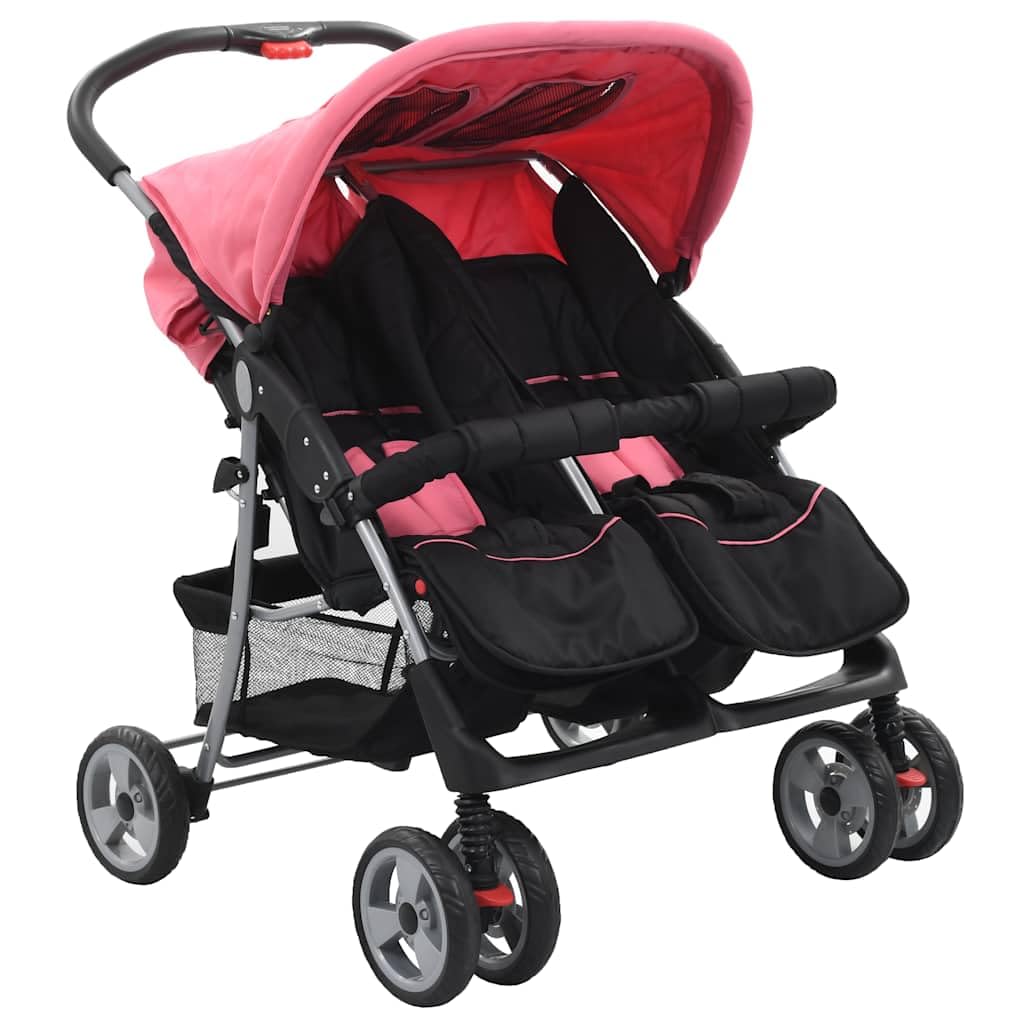 Cochecito gemelar para 2 niños, color rosa y negro, marco de acero, plegable, 6-36 meses