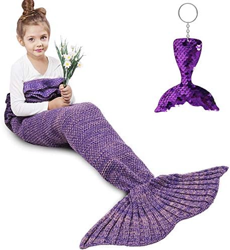 AmyHomie Mermaid Tail Blanket, Mermaid Blanket Adult Mermaid Tail Blanket, Crotchet Kids Mermaid Tail Blanket for Girls (Purple, Kids)