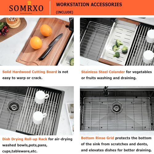 Somrxo 32 Inch Black Kitchen Sink Undermount Workstation-Somrxo 32×19 Black Undermount Workstation Kitchen Sink 16 Gauge Gunmetal Black Stainless Steel Undermount Kitchen Sink Single Bowl Kitchen Sink thumb #7