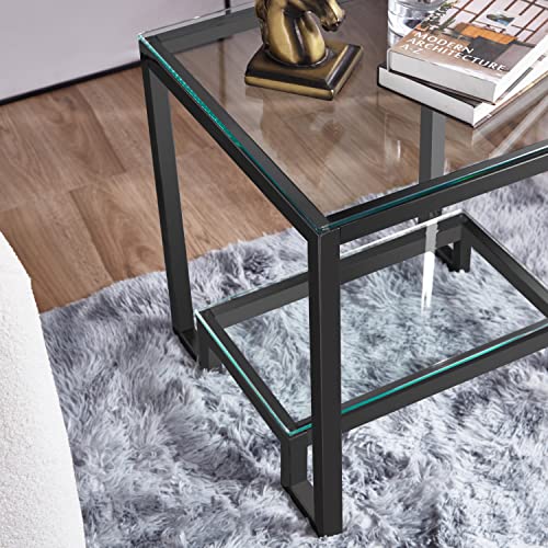 Glass End Table Square,Modern Glass Side Table With 2 Tier Shelf Coffee Table,Black Metal Frame Glass Top Table For Living Room,Balcony,Bedroom #TOP5