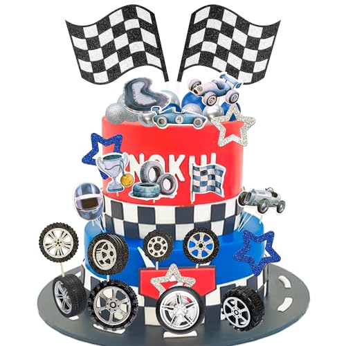 Gyufise 41Pcs Racing Wheel Cake Topper Star Foam Ball Flag Tyre Cake Decorations for Man Boy Kid Birthday Party Racing Theme Party Race Car Party Favor Supplies Blue