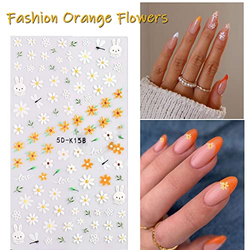 Yosomk Flower Nail Art Stickers 5D Embossed Nail Decals Spring Daisy Nail Art Design Self Adhesive Nail Supplies White Yellow Colorful Flower Nail Stickers For Women Manicure Decoration #TOP4