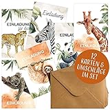HEJ.CREATION 12 Einladungskarten zum Kindergeburtstag für Jungen und Mädchen | Einladungen zur Geburtstagsfeier + Umschläge aus Kraftpapier | Tiermotive schönes Design Geburtstagseinladungen