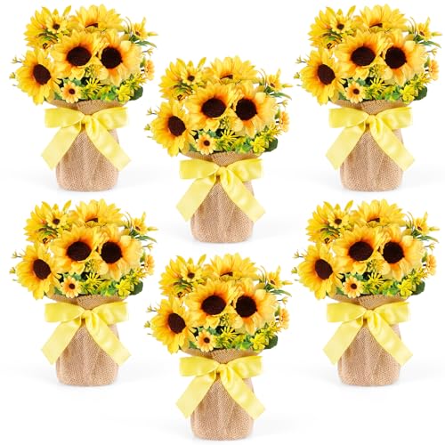 Dlerom 6 Pack Artificial Potted Sunflower Flowers Plastic Faux Sunflower in Small Burlap Bag Vases Fake Sunflower Potted Plants for Spring Summer Home Farmhouse Indoor Outdoor Table Decoration