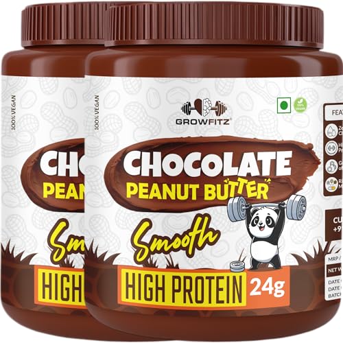 Image of Growfitz Peanut Butter Chocolate Smooth 800g | 24g High Protein Peanut Butter | 7g Fiber | Tasty & Healthy Nut Butter Spread for Breakfast & Snacks | Roasted Peanuts | Zero Sugar (Pack of 2)