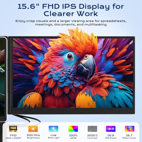 Image of 15.6 inch Laptop Screen Extender, Dual 1080P FHD IPS Portable Monitor for 13-17.3 inch Laptops, Plug and Play Triple Screen with USB-C HDMI, 300 Nits, 100% sRGB, Built-in Speakers for Work, Travel, Gaming