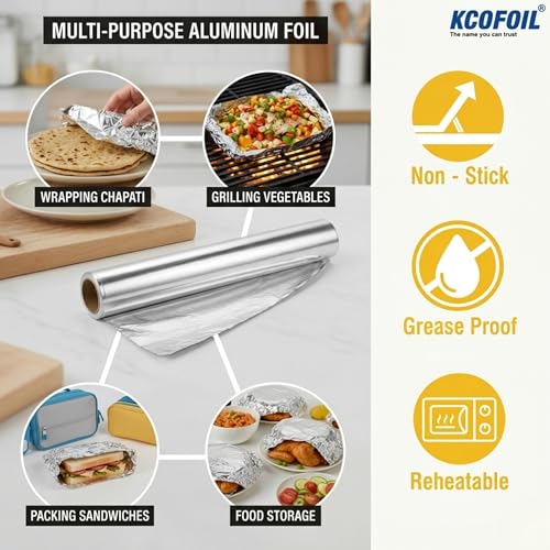 Image of Deliwrap Aluminum Silver Foil - 1Kg | 18 Micron Thickness Food Grade Safe Food Wrapping Aluminum Foil | Lunch Packing for Home, School, Office & Hotels | Kitchen Paper Roll | Pack of-2
