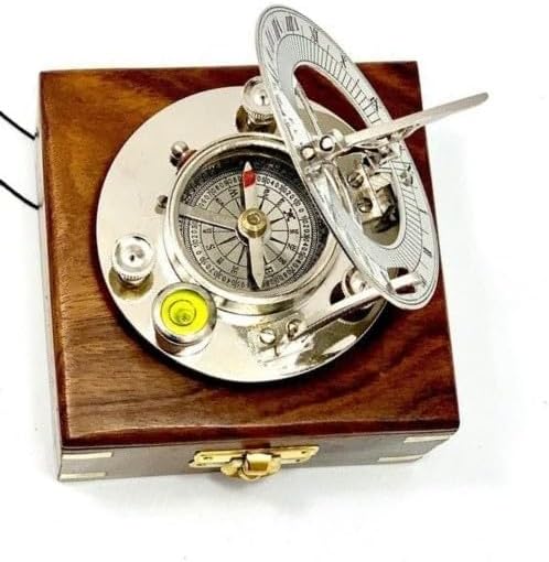 Victorian Sundial Compass Silver Nautical Retro Steampunk Hardwood Box Marine Gift for Item